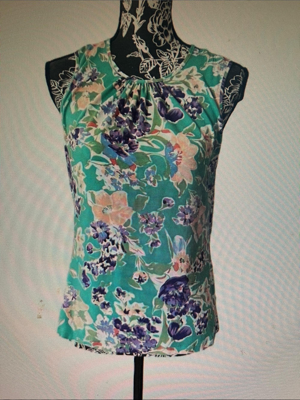 Floral Gathered Neck Sleeveless Top - Teal Floral